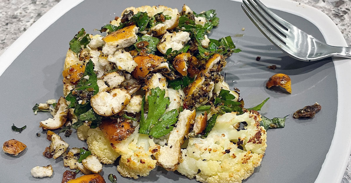 Cauliflower Steaks with Lemon Pepper Pretzel Topping