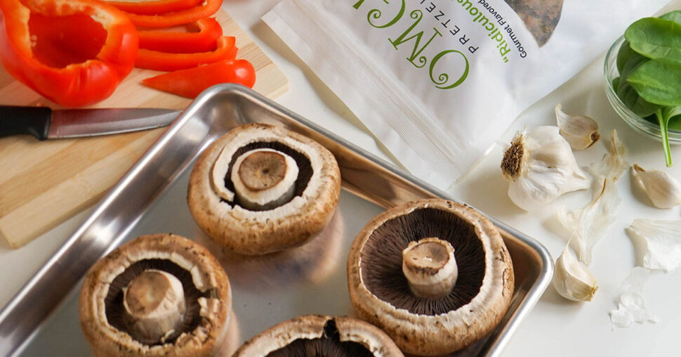 Veggie Stuffed Mushrooms with Garlic Pretzel Topping