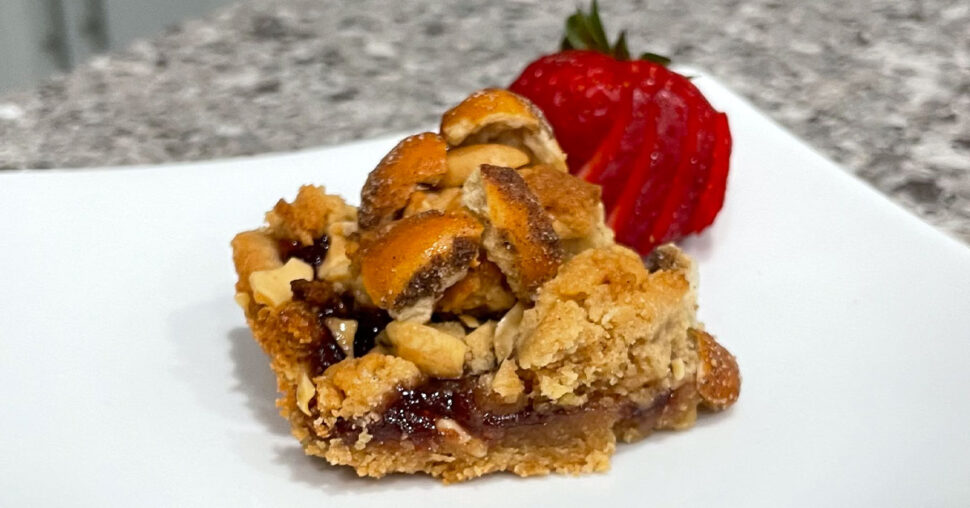 PB&J Bars with Salty Butterscotch Pretzel Topping
