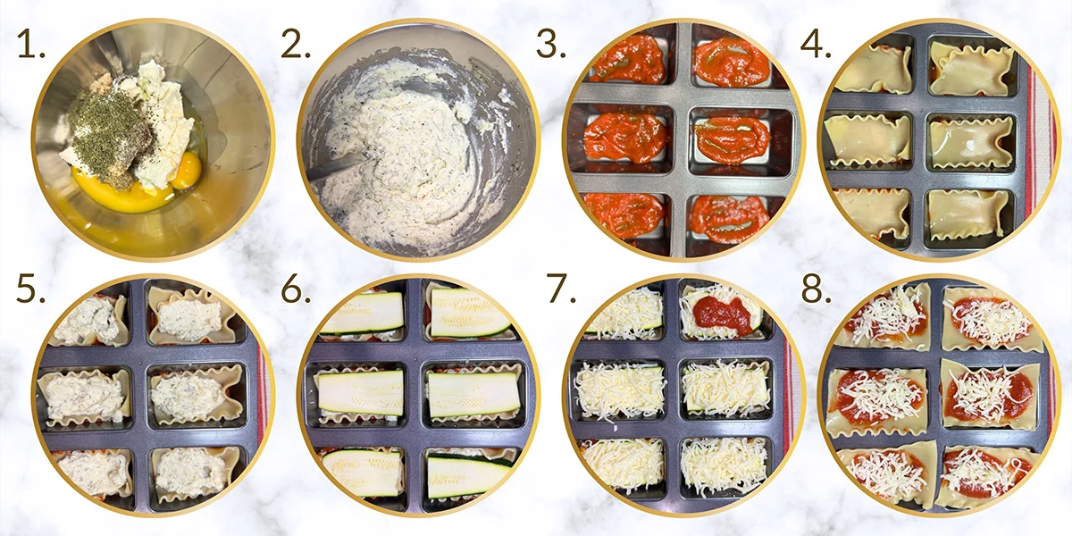 Step-by-step images illustrating the process of making delicious lasagna bites.