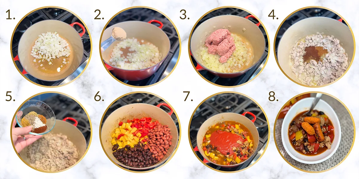 Step-by-step guide for preparing a delicious dish of chili, showcasing ingredients and cooking methods.