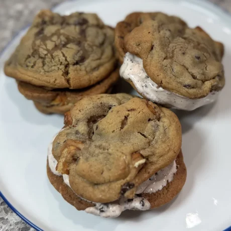 Three cookies arranged on a plate beside a scoop of ice cream.