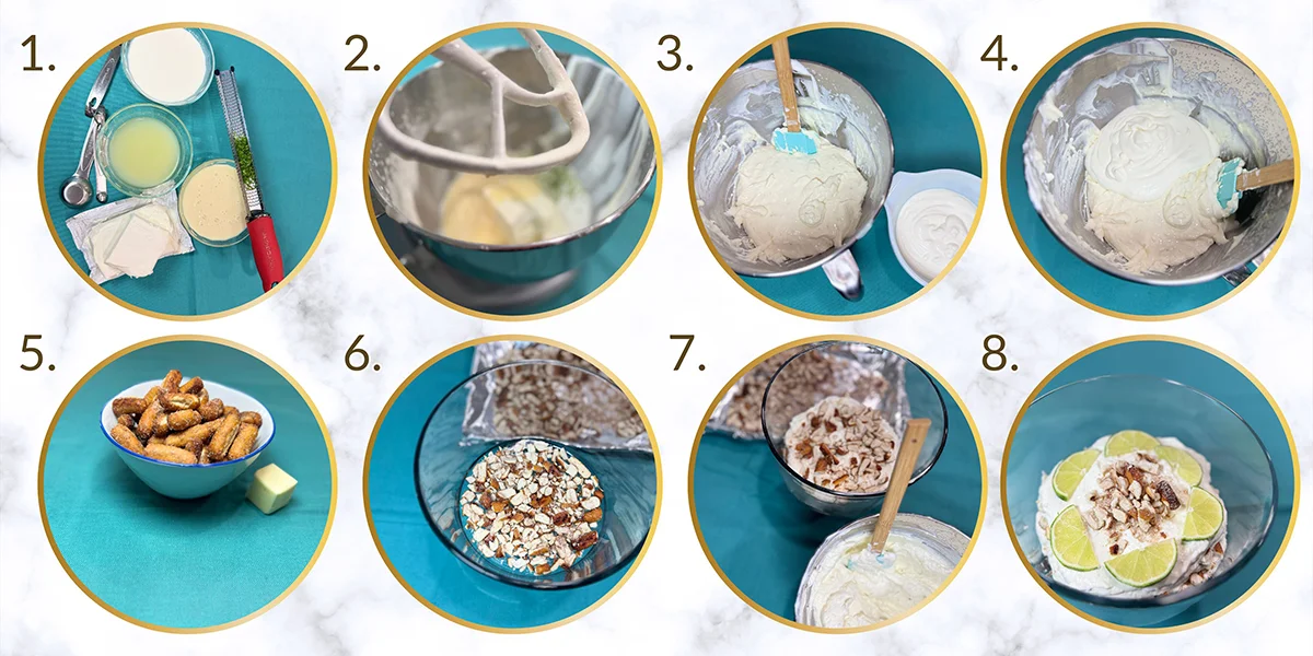 Steps to make a cake featuring nuts and cream, including preparation and baking instructions.