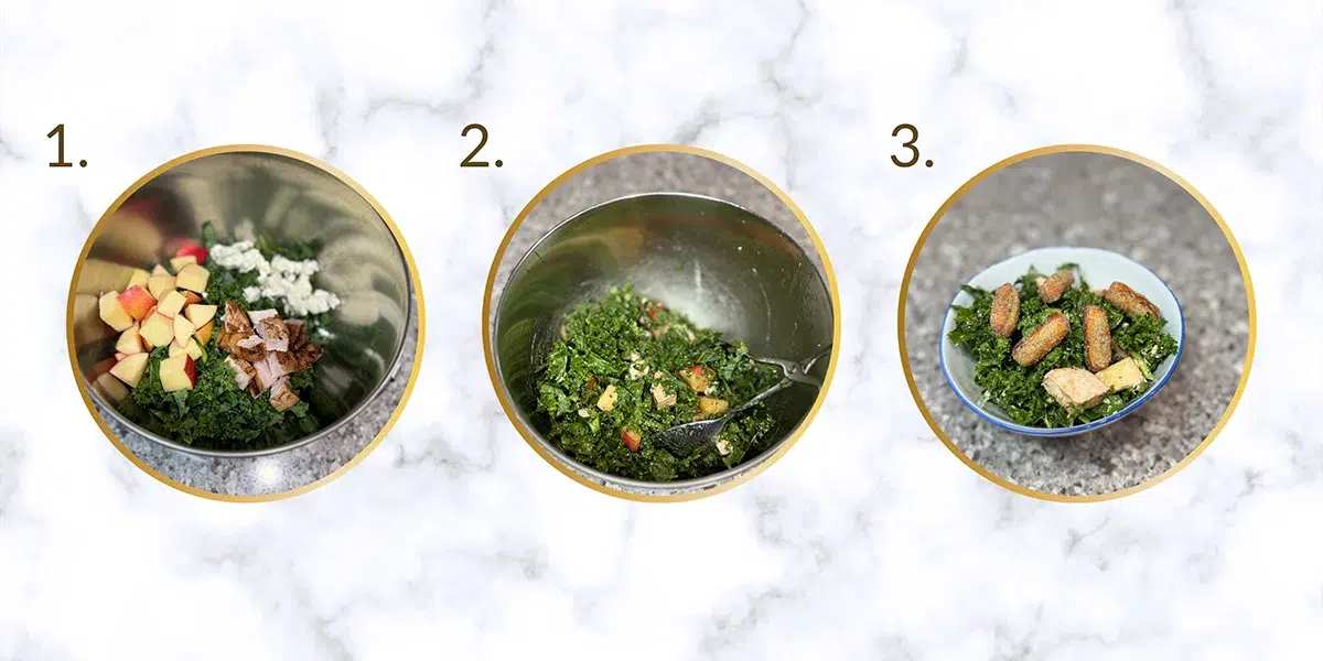 Three-step salad preparation: 1. Kale, apples, dates, and cheese in a bowl. 2. Ingredients mixed together. 3. Finished salad in a bowl with croutons.