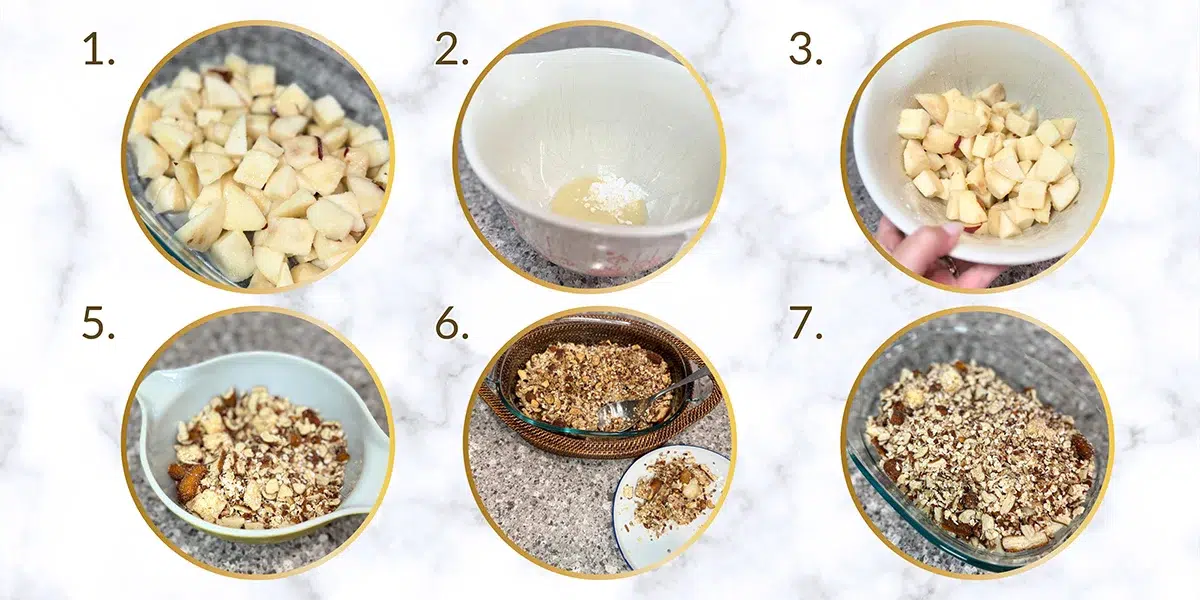 Recipe steps for apple crumble. Step 1: Chopped apples in a bowl. Step 2: Sugar and flour in a mixing bowl. Step 3: Mix apples. Step 5: Topped with crumble. Step 6: Baked dish on a counter. Step 7: Finished apple crumble dessert.